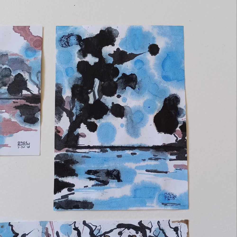 ORIGINAL ART Set of 4 Abstract Ink Landcapes 4.25